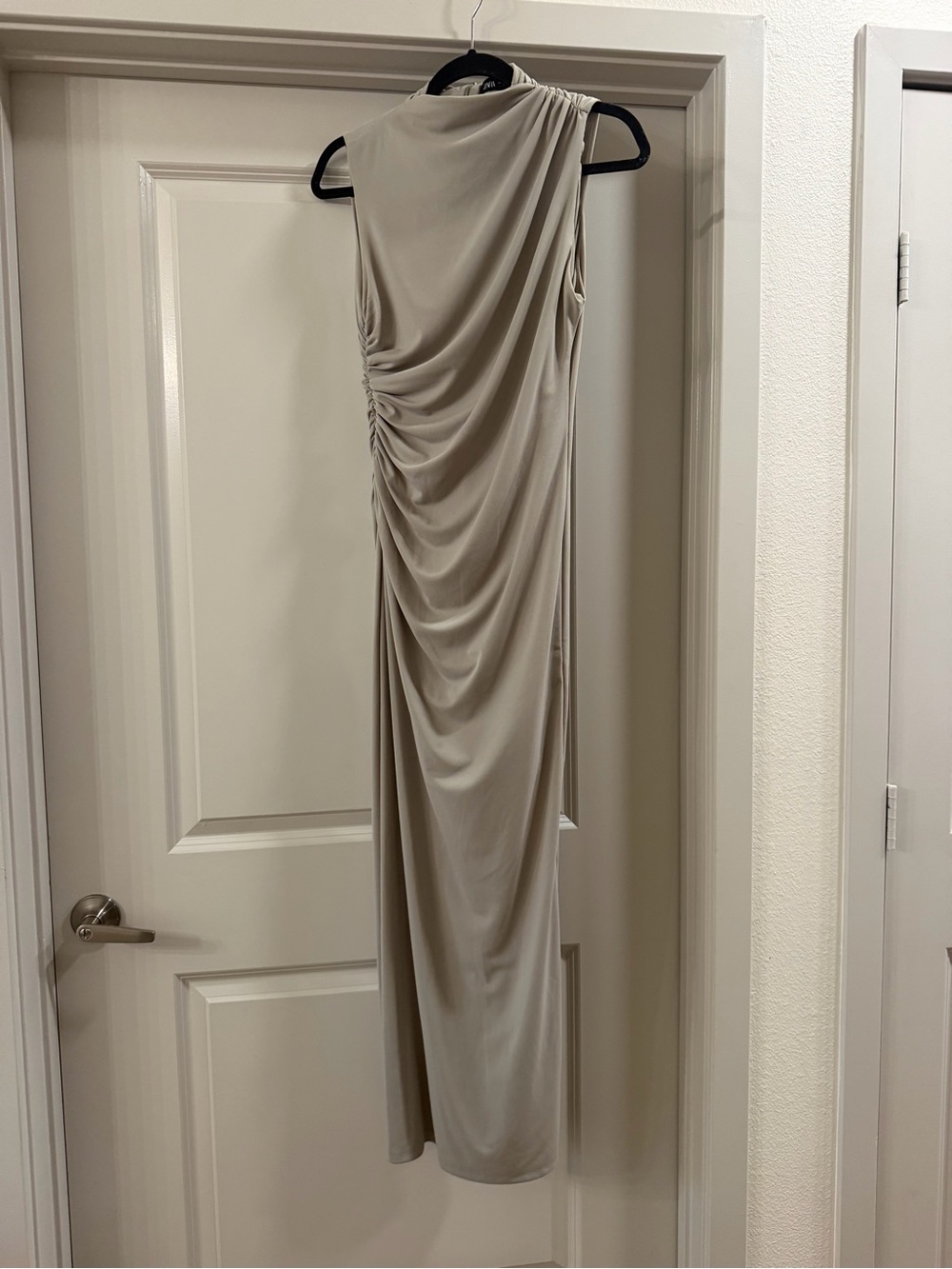 Zara Beige One-Shoulder Draped Maxi Dress